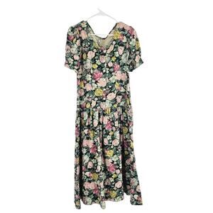 Vintage EXPO y2k 90's Dress Green Pink Floral Grunge Button Front Midi Size 10